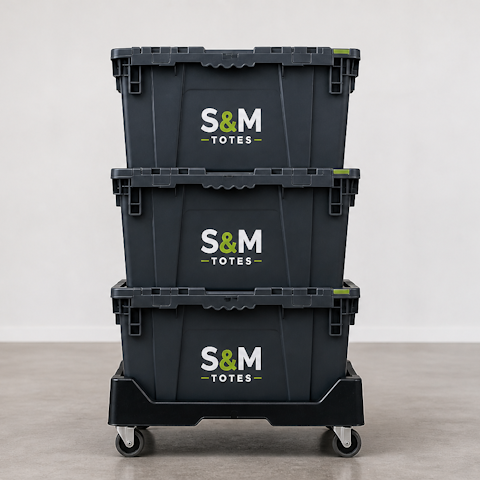 Stack & Move Totes — three heavy-duty moving totes stacked on a dolly